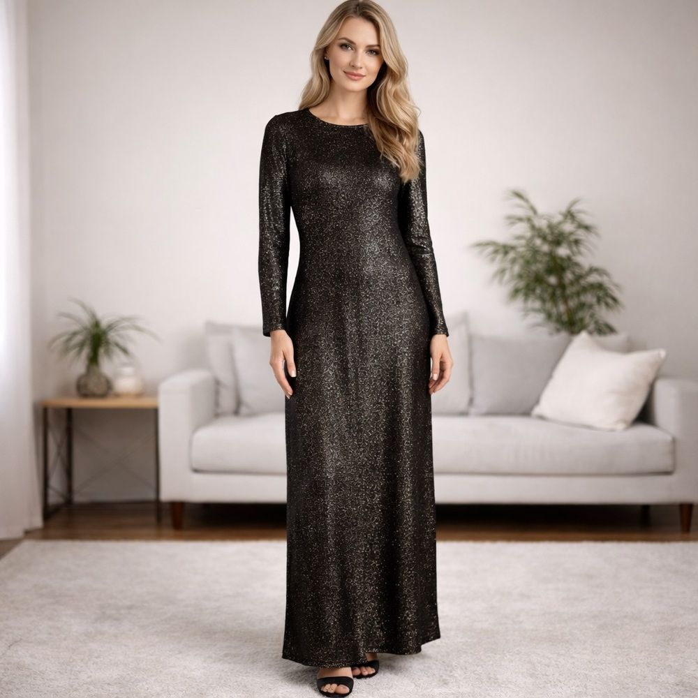 Metallic Black Gold Shimmer Maxi Dress Long Sleeve Large Formal Gown Stretch